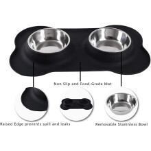 2 gamelles pour chien en acier inoxydable avec tapis antidérapant en silicone anti-déversement, noir