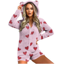 Women's Pink Polyester Hooded Jumpsuit with Ear Details Zip