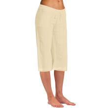 Women's White Cotton-Flax Crop Capris Elastic Waist Khaki