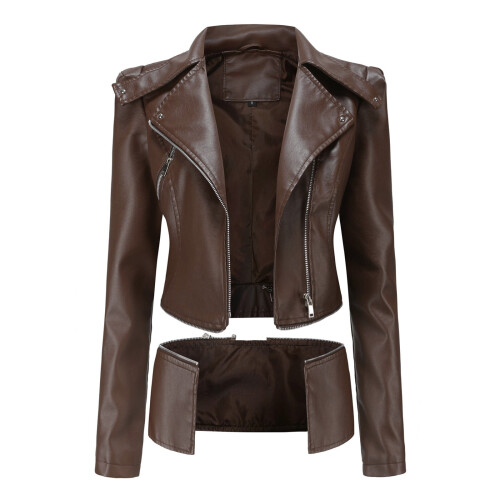 Women's Faux Leather Long Jacket Brown XL