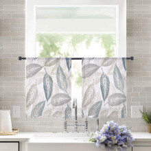 Sheer Curtains Abstract Blue Gray Leaves on White 52x45
