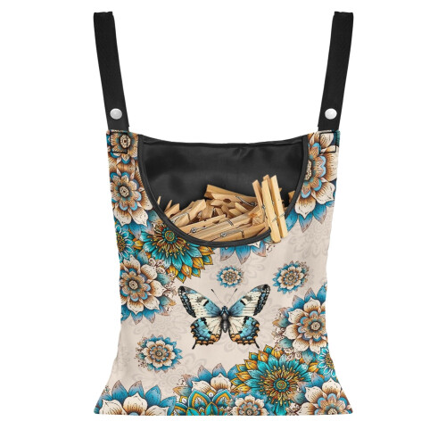 Boho Mandala Flower Clothespins Bag with Butterfly Holder