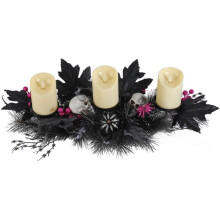 Halloween Skull Candle Holder Centerpiece 3 Pillar Candleholder Black Maple Leaves Spooky Table Decor with Light