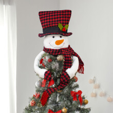 Snowman Tree Topper Plush Treetop Hugger with Plaid Hat and