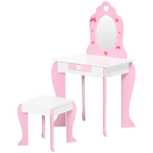 Kids Dressing table Set w/ Mirror, Stool, Drawer, Cute Patterns, for Ages 3-6 Years - Pink 1