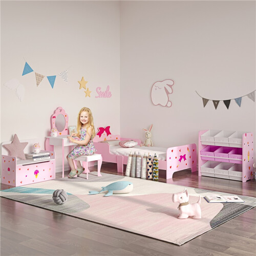 Kids Dressing table Set w/ Mirror, Stool, Drawer, Cute Patterns, for Ages 3-6 Years - Pink 2