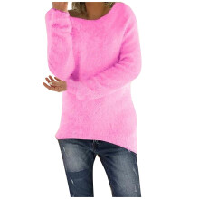 Women's fluffy fuzzy sweater solid color long sleeve round