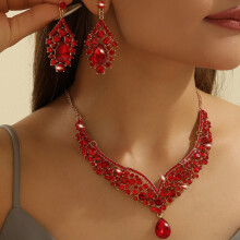 Rhinestone Necklace and Earrings Set Red