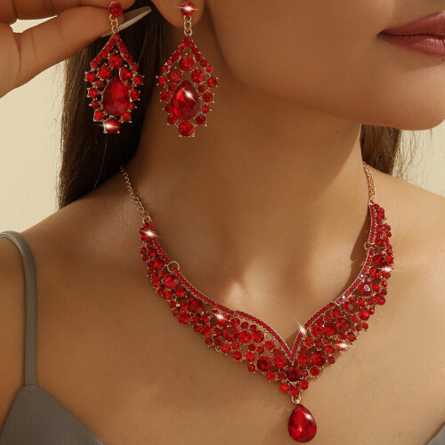 Rhinestone Necklace and Earrings Set Red