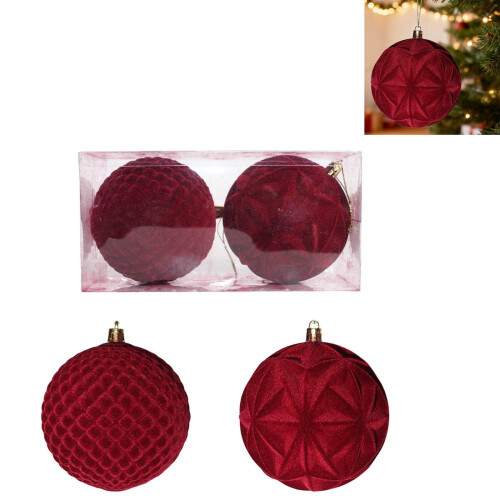 Christmas Ornament Set Burgundy Flocked 10cm 2PC