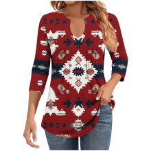 Women's V-Neck Pleated Blouse 3/4 Sleeve