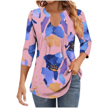 Women's V-Neck Pleated Blouse 3/4 Sleeve Business Casual Top