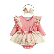 Baby Girl Romper Set with Ruffles and Floral Print Pink