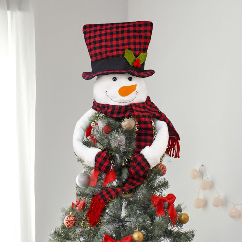 Plush Snowman Tree Topper with Plaid Hat and Scarf