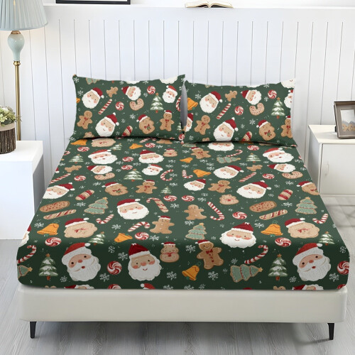 Dark Green Twin Bedding Set Cooling Sheets 3-Pc Santa Print