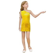 Girls Square Sequin Dress Sleeveless Round Neck Asymmetric