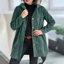 Women's Corduroy Jacket Long Sleeve Hooded Loose Fit Solid