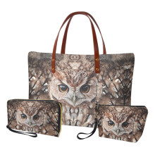 Owl Print PU Leather Satchel Set with Waterproof Pouch