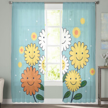 Sheer Curtains Yellow White Smile Flowers Blue Texture
