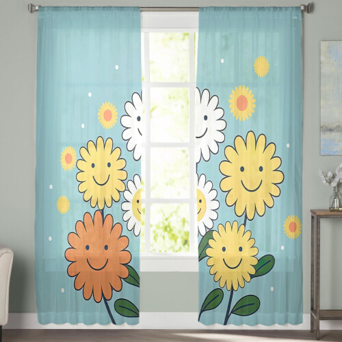 Sheer Curtains Yellow White Smile Flowers Blue Texture