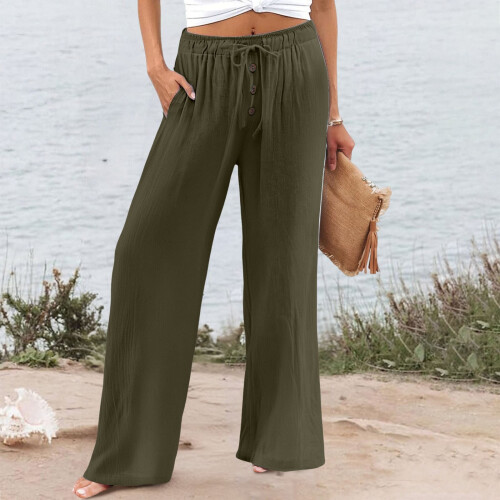 Women's Linen Pants Elastic Waist Wide Leg Button Front 1