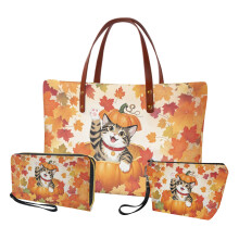 Cat Pumpkin Maple Leaf PU Leather Satchel Set with Makeup