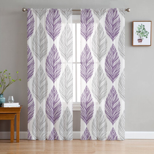 Sheer Curtains Grey Purple Olive Leaf Design 52x108 Inch 2