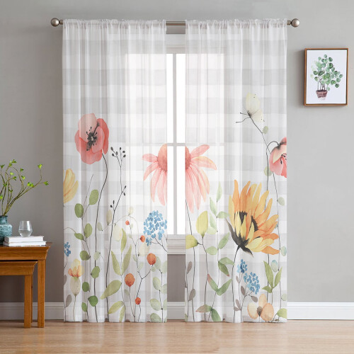 Sheer Curtains Rustic Pink Yellow Floral Grey Plaid Voile 2