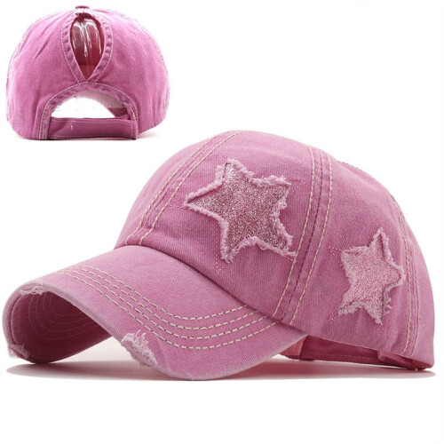 Washed Denim Star Snapback Hat Distressed Cotton Ponytail