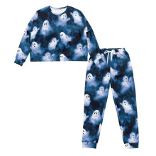 Halloween PJs Set Ghost Print Crewneck Long Sleeve Top and