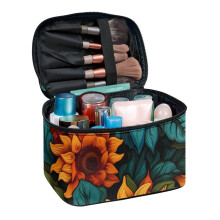 Portable cosmetic bag with floral pattern and zipper