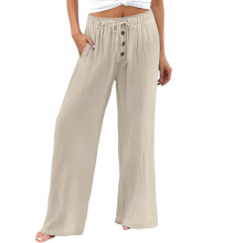 Women's Cotton-Linen Wide Leg Palazzo Pants Khaki S-3XL