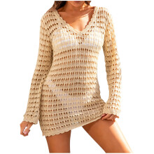 Women's Crochet Beach Cover-Up Long Sleeve Hollow-Out Dress