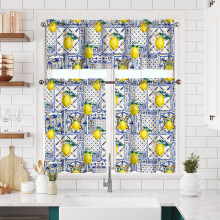 Blue Lemon Tile Kitchen Curtains and Valance Set 2 pcs