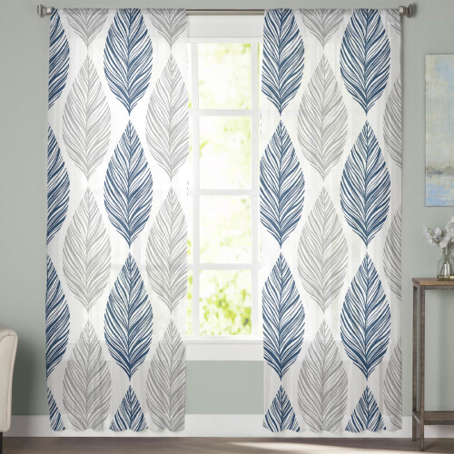 Sheer Curtains Grey/Navy Olive Leaf Watercolor 52"W x 84"L