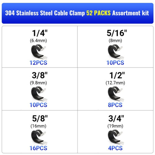 52-Piece R-Type Cable Clamp Set, Cable Clamps with Cushioning Pads, for Securing Cables in Conduits. 2