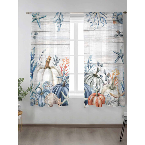 Sheer Curtains White Coastal Starfish Shell Corals Light 1