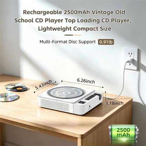 Portable CD Player  FM Transmit SPDIF Output Type-C Rechargeable Retro Music Player