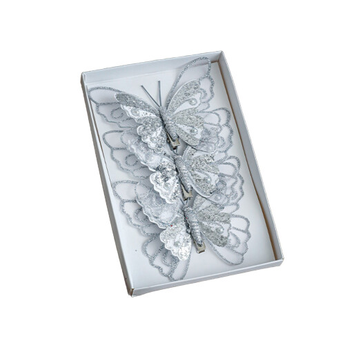 Glitter Butterfly Christmas Ornaments 3PCS Silver
