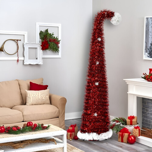 Red Santa Hat Christmas Tree 4.92 ft Pop Up Curved Decor