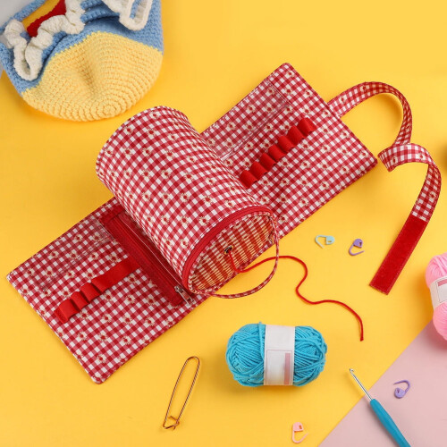 Knitting Needle Storage Polyester Set Red White Checkered