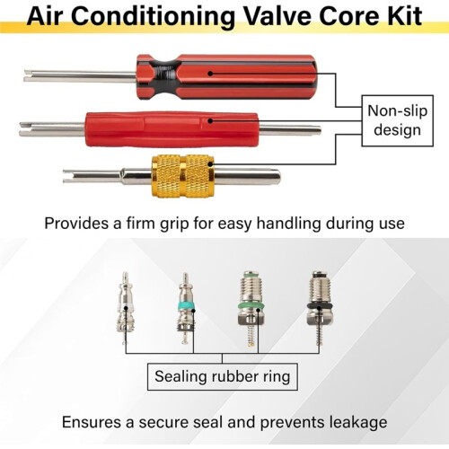 1set Air Conditioning Valve Core Kit, R12 R134a Tire Valve Core Tools, Includes Single- and Double- Removal Tool 2
