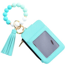PU Beaded Wristlet Wallet with Tassel Keychain Mint Green