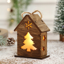 Wooden Christmas House Pendant with Glow Effect Brown