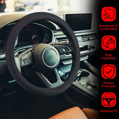 Steering Wheel Cover Microfiber Leather 14.5-15 Inch Black