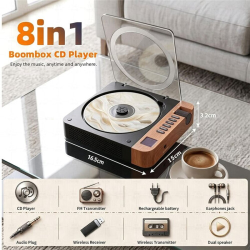 Portable CD Player  FM Transmitter SPDIF Output Type-C Rechargeable Retro Music Player for Home 2