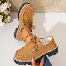 Women's Vintage Lace-Up Loafers Faux Suede Mid-Heel Casual