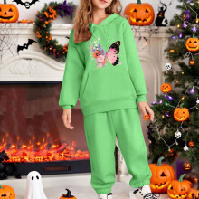Girls' Green Tracksuit Set Polyester Hoodie and Joggers