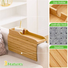 2X Porte-Gobelet de Canapé, Porte-Boissons de Canapé, Plateau D'Accoudoir de Porte-Gobelet de Canapé en Bambou Naturel, Table de Plateau de Bras de
