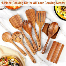 18 PCS Holzlöffel zum Kochen, Holzutensilien zum Kochen mit Utensilienhalter, Küchenutensilien-Set Aus Teakholz